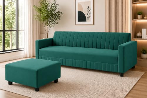 Image of 3 Seater Velvet Sofa with Ottoman | Modern Upholstered Couch | Comfortable Living Room Sofa | Durable & Stylish Seating for Home, Office & Guest Room - Green Color