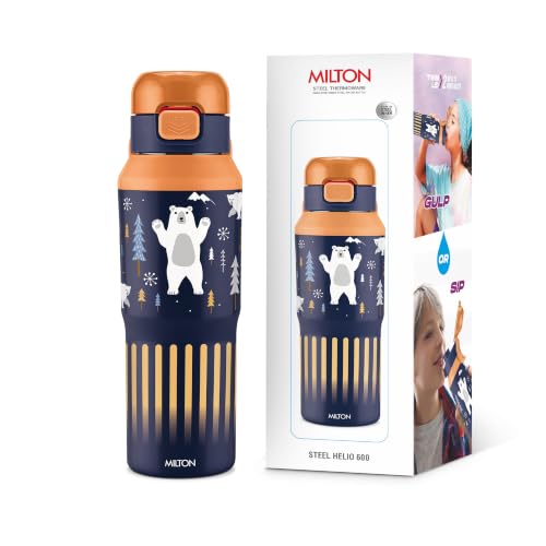 Image of Milton Steel Helio 600 Thermoware Water Bottle 520 ml with One Touch Safety Lock & Twin Lid Sip or Gulp, Long Hours Hot & Cold, Leak Proof, ISI Certified, PU Insulated, for Kids, School, Light Orange