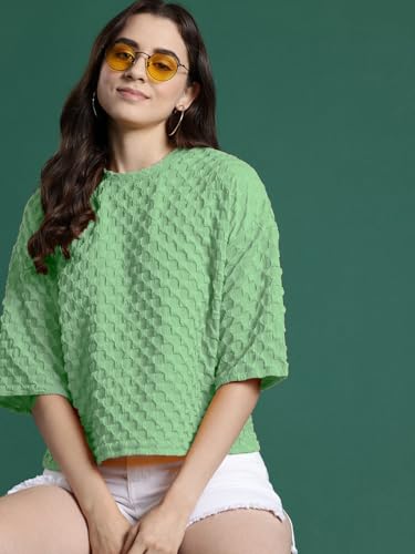 Image of Zilcon Womens Round Neck Drop Shoulder Crop top for Woman Half Sleeve Tops for Woman Stylish Western Bricks Wool Casual Crop Tops