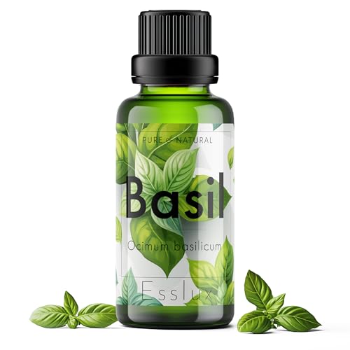 Image of Esslux Basil Essential Oil for Diffusers - 100% Pure & Natural Basil Oil for Skin Care, Aromatherapy, Massage, and Candle Making - Fresh, Herbaceous Scent for DIY, Fragrance, and Relaxation, 90ML