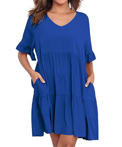 REDMORE Summer Tunic Dress for Women V Neck Ruffle Short Sleeve Dresses Casual Loose Flowy Beach Cover Up Swing Vestidos Royal Blue