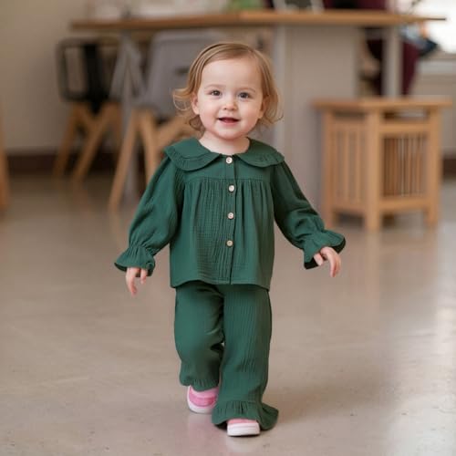 MAINESAKA Toddler Baby Girl Pajamas Cotton Linen Lounge Set Solid Color Button Down Shirt Flare Pajama Pants Sleepwear Outfit2