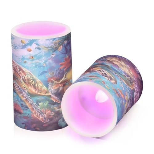 Image of Sea Turtles Ocean Coral Reefs Fish Flickering Flameless Candles LED Battery Operated with Remote Timer Pillar Candles for Home Birthday Wedding Christmas Decor, Set of 2