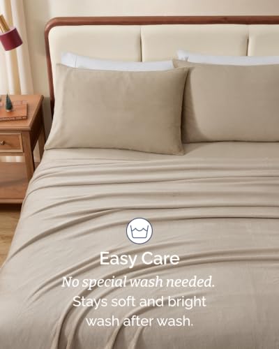 Image of Fleece Sheets Queen Size Set - 4-Piece Flannel Sheet Set - Oxford Tan