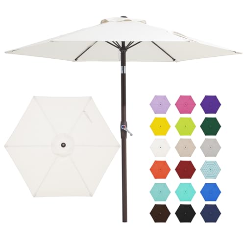 JEAREY 7.5FT Patio Umbrella Market Table Umbrella with 6 Sturdy Ribs, Push Button Tilt/Crank Outdoor Umbrella for Garden, Deck, Backyard, Pool and Beach,Creamy-White