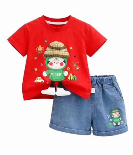 Image of Bold N Elegant Kids Half Sleeve 3D Cartoon Tiger Cotton T-Shirt with Denim Shorts Summer CLothing Set for Infant Toddler Preschool Boys n Girls | Cook Outfit For Kids