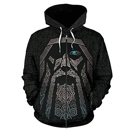 Sweat à capuche Viking Odin Rune pour homme avec zip et impression 3D