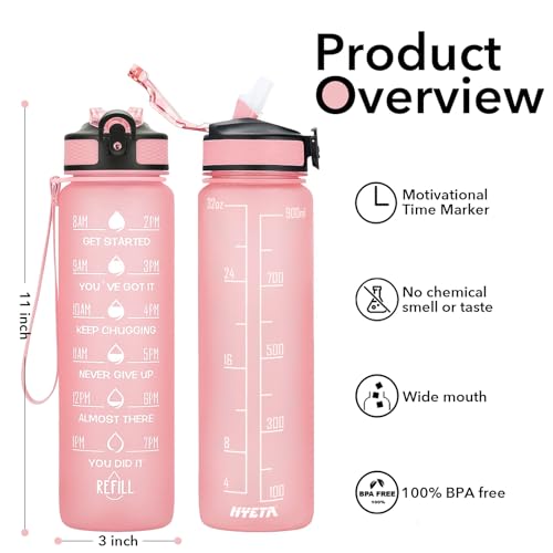 Image of HYETA 32 OZ Water Bottle with Times to Drink and Straw, Motivational Timed Marker Water Bottles with Strap, Leakproof & BPA Free, 1 Liter Reusable Sports Water Bottle for Fitness, Gym & Outdoors, Lotus Matte