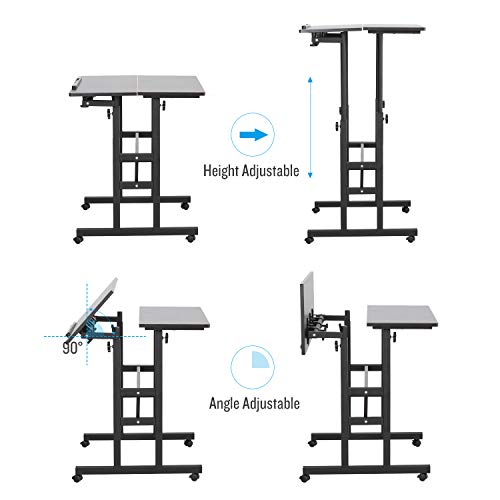 Qwork 2-Tier Mobile Standing Desk Stand Up Desk Height Adjustable Laptop Desk Home Office Workstation Ergonomic Sit-to-Stand Table Tilting Computer Desk on Wheels for Home Office School, Black
