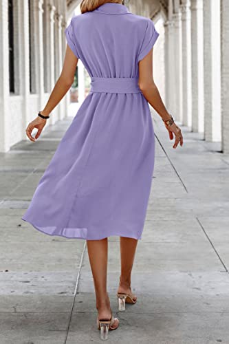 Image of ECOWISH Womens Casual Midi Dresses Solid V Neck Short Sleeve Button Shirt Belted Dress with Pockets for Spring Summer 2026