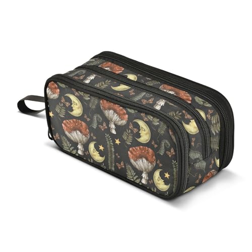 Image of Vintage Magic Forest Moon Mushroom Pencil Case Big Capacity Handheld 3 Compartments Pencil Pouch Portable Large Storage Canvas Pencil Bag for Boys Girls Adults Students