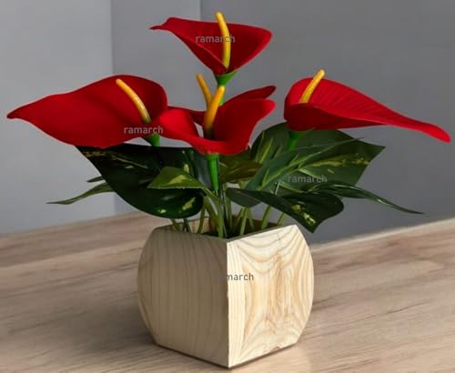 Image of Artificial Anthurium Flowers, Red Floral Arrangement with Wooden Pot, Indoor Home Decor