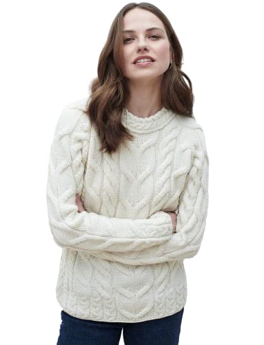 Aran Woollen Mills - Carraig Donn Damen Irish Multi Cabled Raglan Super Soft Merinowolle Pullover, Natürlich, Mittel Cover