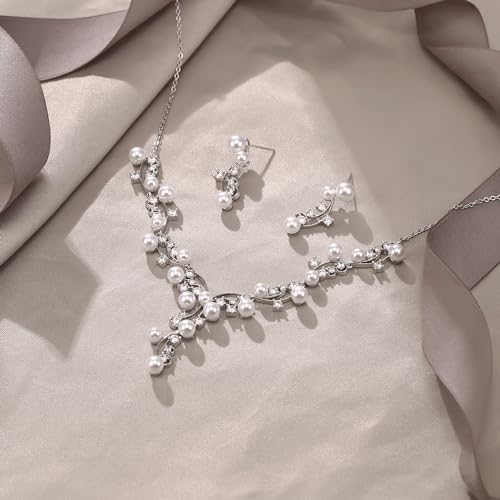 Image of White Faux Pearl Leaf Vine Bridal Cubic Zirconia Jewelry Set for Women | Wedding Party Necklace Earrings for Bridesmaid Bride