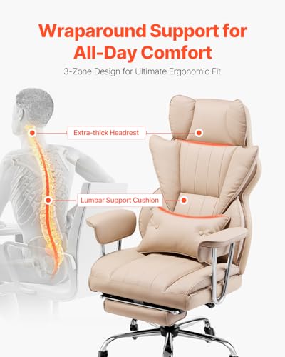 Image of VEVOR Executive Office Chair with Footrest, 400lb Capacity Oversize Office Chair with Lumbar Pillow & Removable Armrests, Heavy Duty Ergonomic Chair, PU Leather Reclining Home Office Desk Chair, Brown