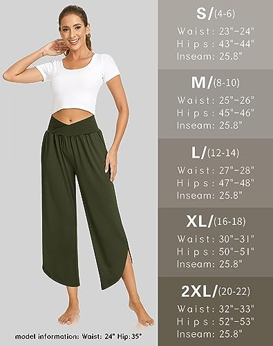 Image of TARSE Women's Wide Leg Yoga Pants Cross High Waist Flowy Split with Pockets | Comfy Lightweight Stretch, Flare Hem Cropped, Loose Dance Pants, Travel & Lounge, Everyday Casual Wear