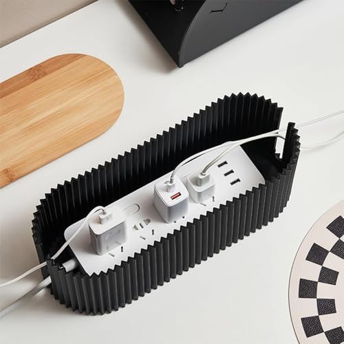 Image of Soko Cable Management Box with Bamboo Lid | Cords Hider & Surge Protector | Concealer for Power Strips, Router, TV, Gadget Wires Storage Organiser Tray for Desk, Table - Home, Office - Black
