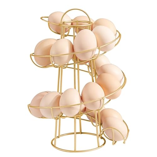 Flexzion Spiral Egg Rack for Fresh Eggs (Medium Egg Display) - Modern Egg Skelter Freestanding Wired Countertop Egg Holder for Fresh Eggs, Dispenser Stand, Storage Rack for Kitchen, Gold