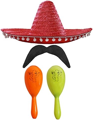 MEXICAN FANCY DRESS ACCESSORY SET - MEXICAN SOMBRERO WITH MARACAS AND TASH BLACK POM POM SOMBRERO + 2X GREEN MARACAS