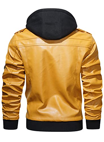 Image of HOOD CREW Men's Casual Stand Collar PU Faux Leather Zip-Up Motorcycle Bomber Jacket With a Removable Hood