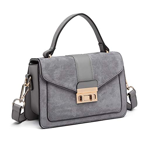 Miss Lulu Damen Tasche Henkeltasche Mittelgroß Umhängetasche Tasche mit Kunstleder und Wildleder Vintage Flap Handtasche Crossbody Bag mit ovaler Metallverzierung Elegant Exquisit