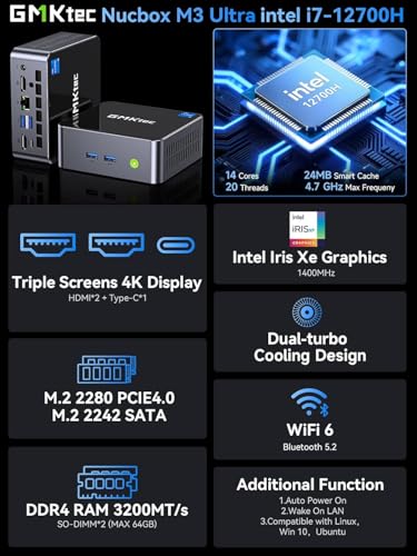 GMKtec Mini PC Intel i7 12700H (14C/20T 4.7 GHz) 32GB DDR4 1TB SSD, Mini Desktop Computer Iris XE Graphics, Triple 4K Display, WiFi 6, BT5.2, USB-C M3 Ultra