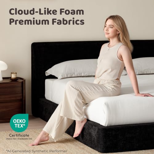 Image of RECCI AirFrame King Upholstered Bed Frame with Ergonomic Angled Headboard | Ergonomic Angled Headboard, 360 Soft Foam Surround, Low Profile Cloud Bed Frame, No Box Spring Required, Easy Assembly
