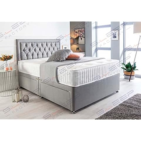 Sleep Factory's Somnus Silver Suede Memory Foam Divan Bed Set With Mattress and Matching Bumper Headboard 5.0FT (King Size) 4 Drawers Cover