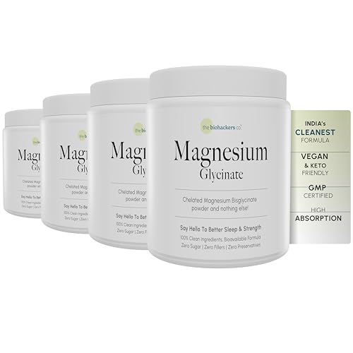 Image of The Biohackers Co. 100% Clean - Magnesium Glycinate | Bioavailable Magnesium Supplement | Supports Muscle Recovery, Relaxation, Sleep, Heart & Bone Health | Pack of (4) | 120 Days Stack