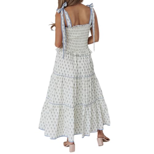 Image of Women Y2k Boho Maxi Dress Tie Shoulder Backless Strappy Tiered Flowy Dress 2024 Summer Floral Beach Sundress
