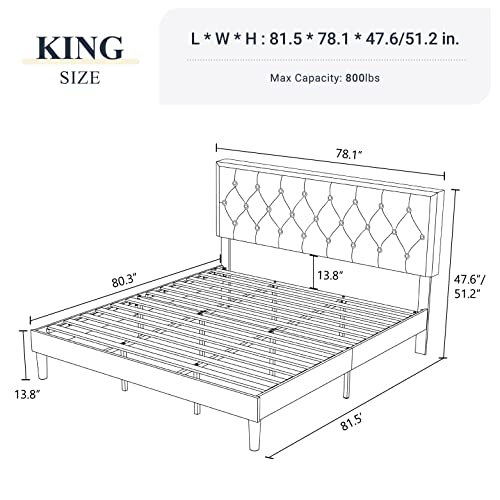 Allewie King Size Platform Bed Frame/Fabric Upholstered Bed Frame With Diamond Button Tufted Headboard/Adjustable Headboard/Wood Slat Support/Mattress Foundation/Beige (King) #TOP1