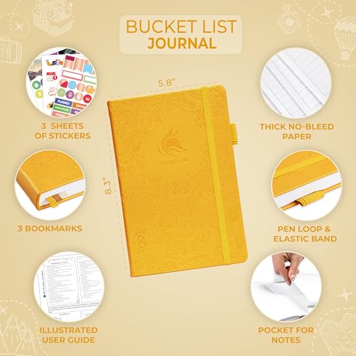Clever Fox Bucket List Journal – Liste de seau inspirante et livre de voyage pour souvenirs et aventures – Carnet de motivation pour un usage personnel et les couples – A5, 14 x 21 cm, jaune ambré – vue 2