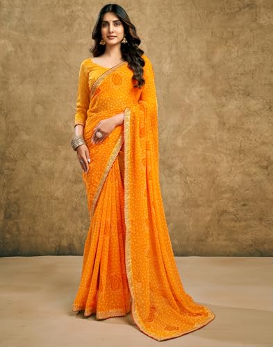 Image of SIRIL Women's Georgette Bandhani Printed Saree With Unstitched Blouse Piece
