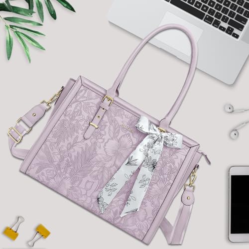 Image of MOSISO Laptop Bag for Women, PU Leather Tote Bag, Front Embossed Retro Hibiscus Computer Bags with Silk Scarf&Clutch Purse
