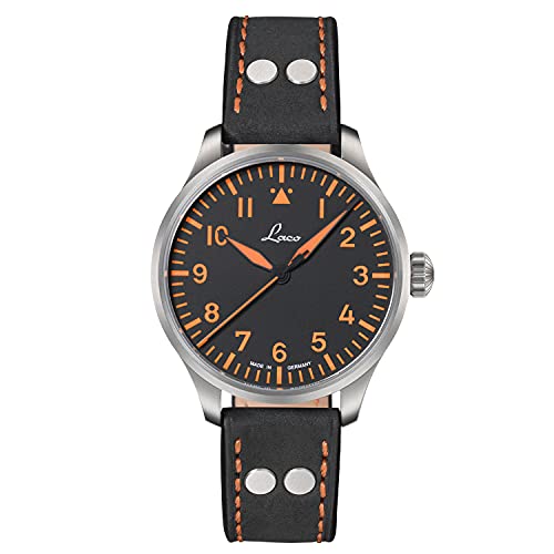 Laco Montre aviateur, automatique, boîtier en acier inoxydable, verre saphir, 5 bar, fabriquée en Allemagne, Base Naples - Bracelet en cuir noir - Cadran noir, Damen,...