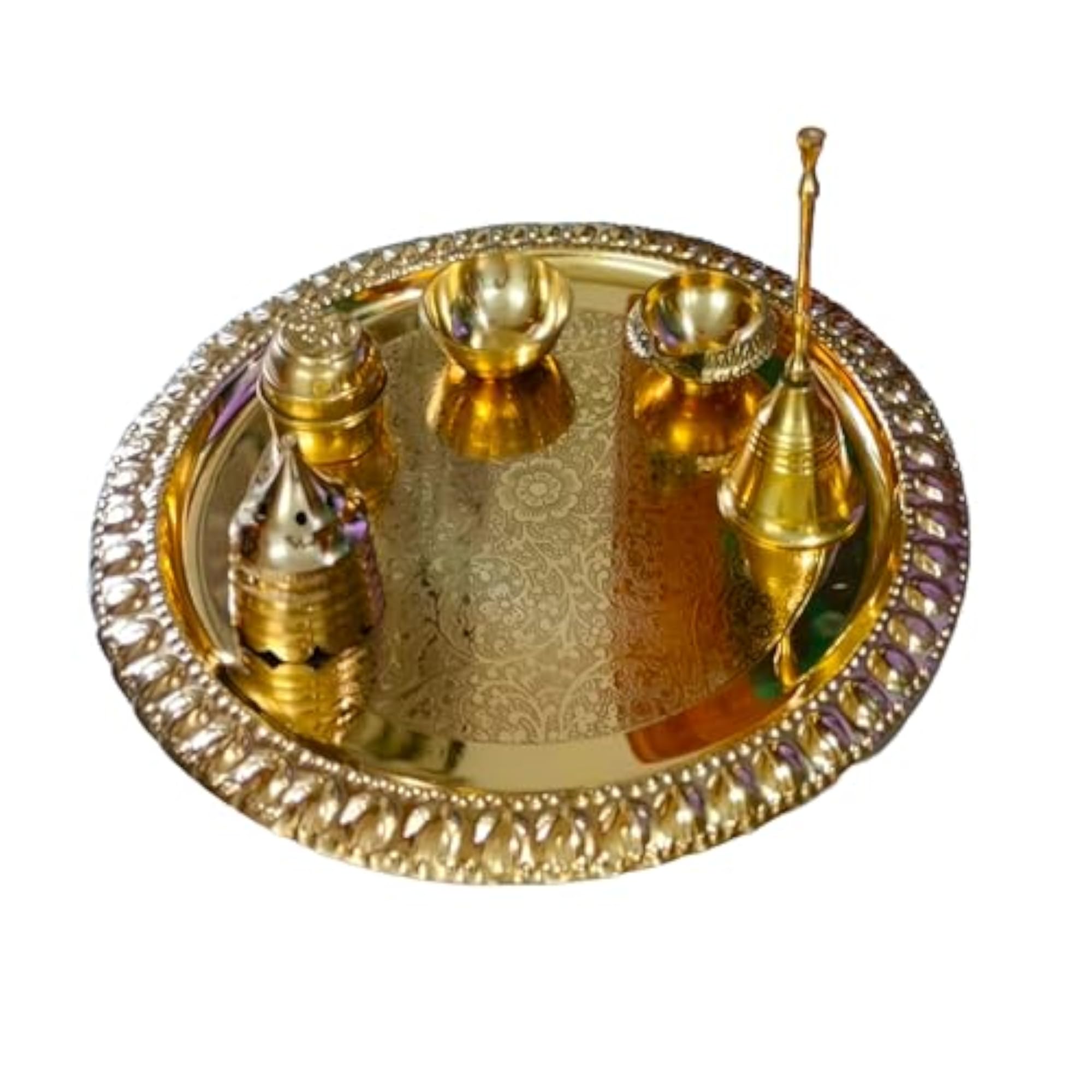 Pure Glossy Designer Brass Puja/Pooja Thali Set with Ganti/Bell