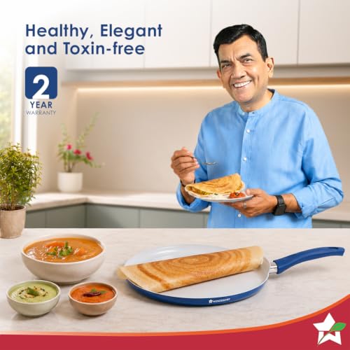 Image of Wonderchef Natura Ceramic Dosa Tawa for Cooking, 28cm, Non-Toxic Chemical-Free Coating, PFOA /PFAS-Free, for Kitchen, Scratch-Resistant, Gas & Induction Compatible, 2-Yr Warranty, Teal Blue