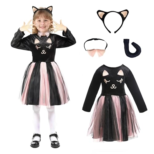 Wbesty Halloween Black Cat Costume for Girls with Pink Tutus, Cat Ears Headband and Tail, Bow Collar,5/6 Years Old