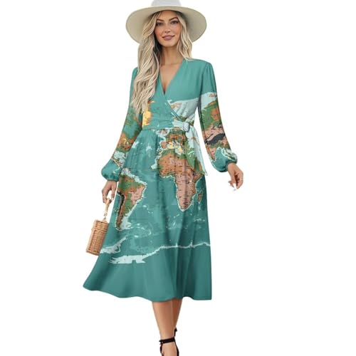 Women's V-Neck Long Sleeve Tie Dress Midi Dresses Wrap Waist Dress for Party Wedding Guest Cocktail