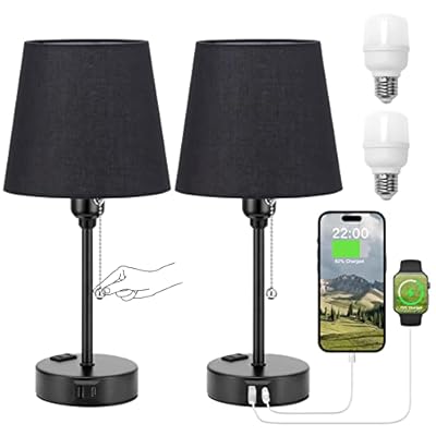 Acaxin Black Bedside Lamps for Bedrooms Set of 2 - Table Nightstand Lamp with 3 Color Modes, USB C+A Charging Port and AC Outlet, Mini Lamp for Side Table, Mini Bed Side Lamp for Kids