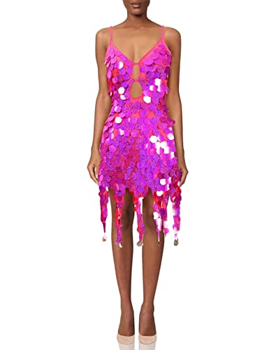 FEOYA Women s 1920s Sequins Dress Sexy Backless Dance Party Dresses Tie Closure Ballroom Practice Dancewear, Rose Red