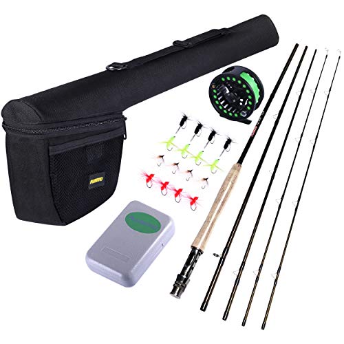 PLUSINNO Fly Fishing Rod and Reel Combo, 4 Piece Lightweight Ultra-Portable Graphite Fly Rod 5/6 9’ Complete Starter Package with Carrier Bag