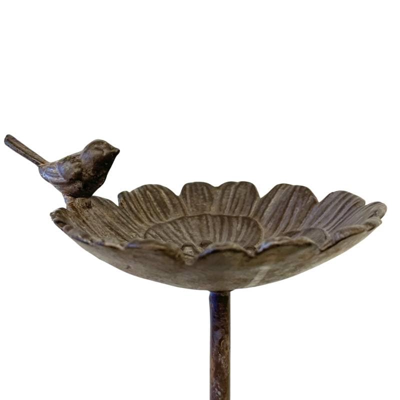 Bain Oiseau Fleur Coupelle à Oiseau Bénitier sur Pic Fonte et Acier Patiné Marron Tuteur 14,5x17,5x87cm