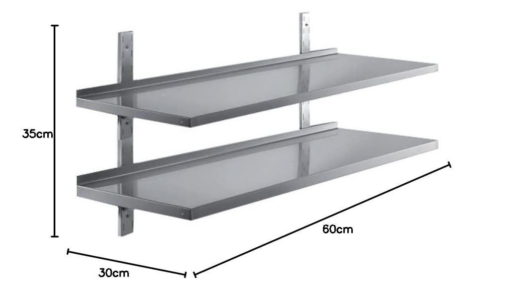 GastroHero Edelstahl Wandregal doppelt I 60 x 30 cm Wandbord Gastronomie I Edelstahlregal mit 2 Ablageböden I Hängeregal Edelstahl für Küche & Gastro