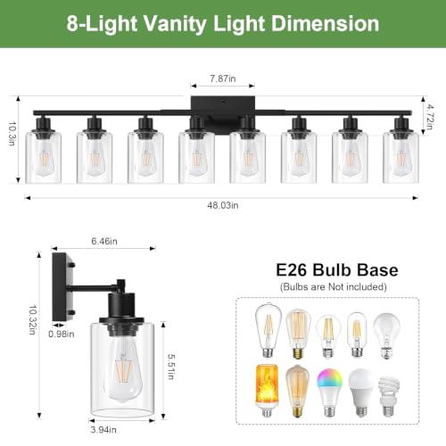 Image of MOKATNG 8-Light Bathroom Light Fixtures, Vanity Light with Clear Glass Shades, Matte Black Bathroom Light Fixtures Over Mirror, Modern Bathroom Wall Lamp for Mirror Living Room Cabinet Bedroom