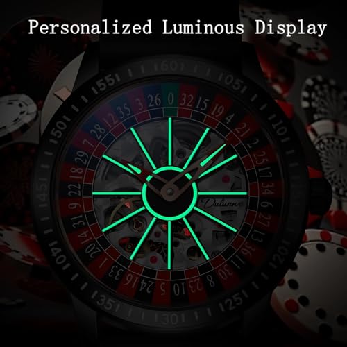 Roulette Wheel Automatic Mechanical Watch for Men Swinging Rotary Dial Design Hollow Skeleton Watches Stainless Steel Waterproof Business Luxury Wristwatch