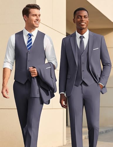 Image of WULFUL Men's Slim Fit Suit One Button 3-Piece Blazer Dress Business Wedding Party Jacket Vest & Pant