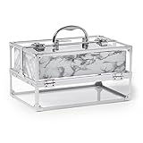 Beautify Professional Large Lockable Acrylic Vanity Makeup & Cosmetic Storage Display Case - Clear (Marble Effect with Chrome Frame)
