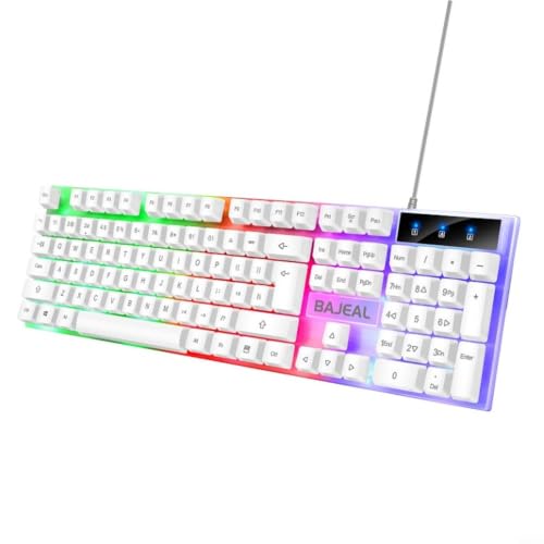 BEAZOOM Clavier USB filaire rétroéclairé à sept couleurs, design ergonomique avec flottement sensible, 12 commandes multimédias, jeu PC, noir (blanc)
