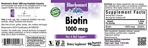 Bluebonnet Nutrition Biotin 1000 Mcg Vegetable Capsules, Biotin is a B Vitamin That Helps Make Keratin, Vegan, Vegetarian, Non GMO, Gluten Free, Soy Free, Milk Free, Kosher, Vegetable Capsules, 90 Count